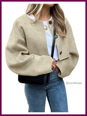 Wool Blend Cropped Pea Coat Collarless Button Down Short Jacket